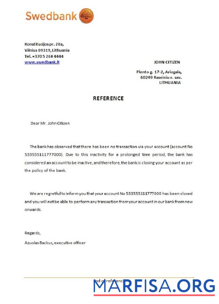 Printable Lithuania Swedbank closure reference template